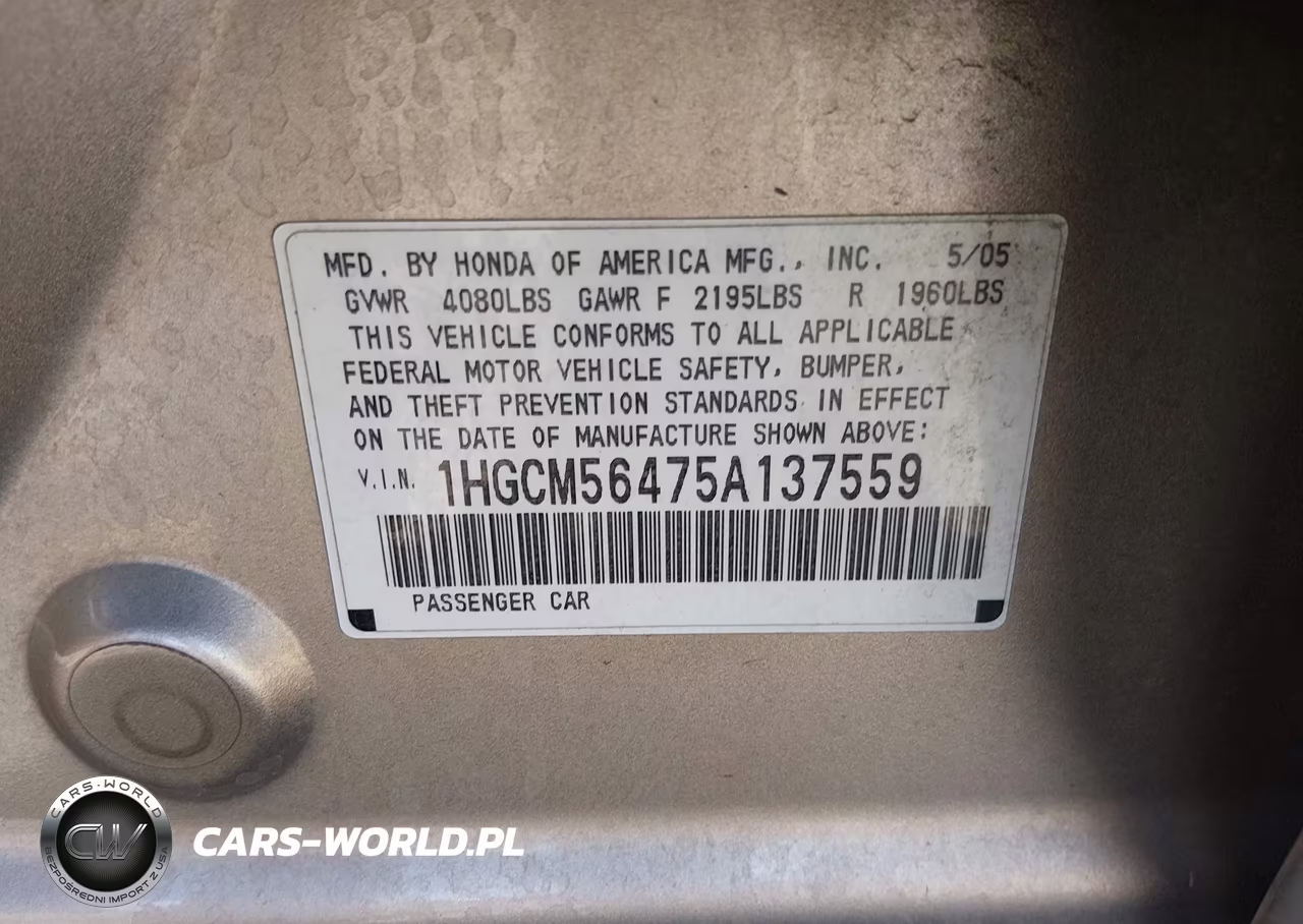 2005 Honda Accord 2.4 Lx VIN:1HGCM56475A137559 - 9