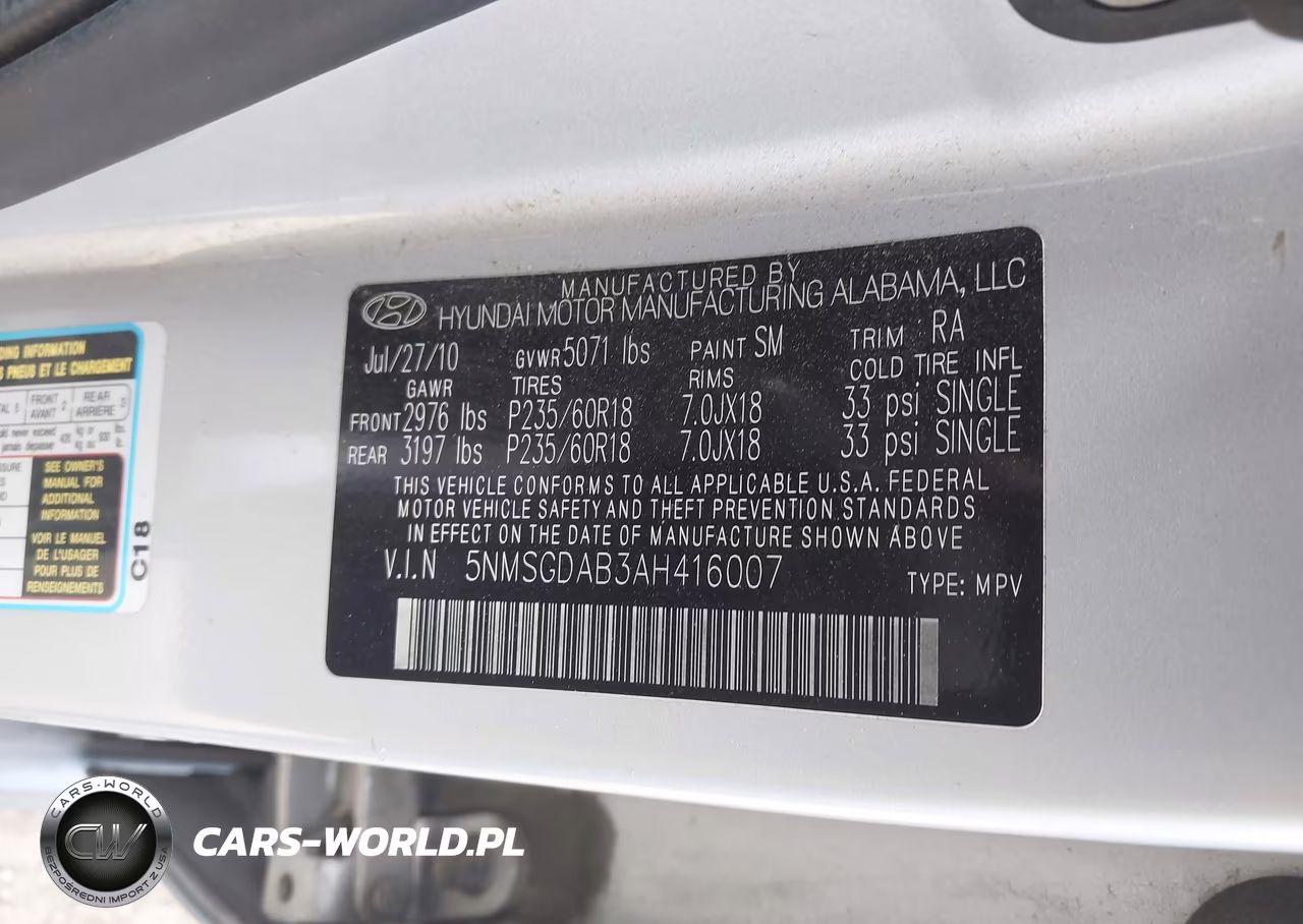 2010 Hyundai Santa Fe Gls VIN:5NMSGDAB3AH416007 - 9