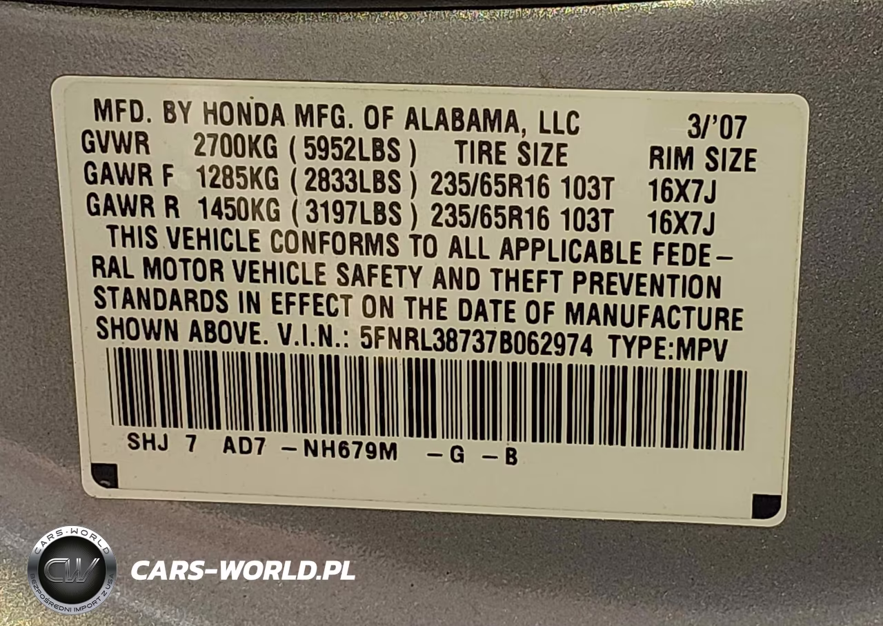 2007 Honda Odyssey Ex-L VIN:5FNRL38737B062974 - 9