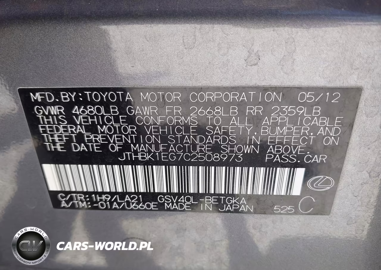 2012 Lexus Es 350 VIN:JTHBK1EG7C2508973 - 9