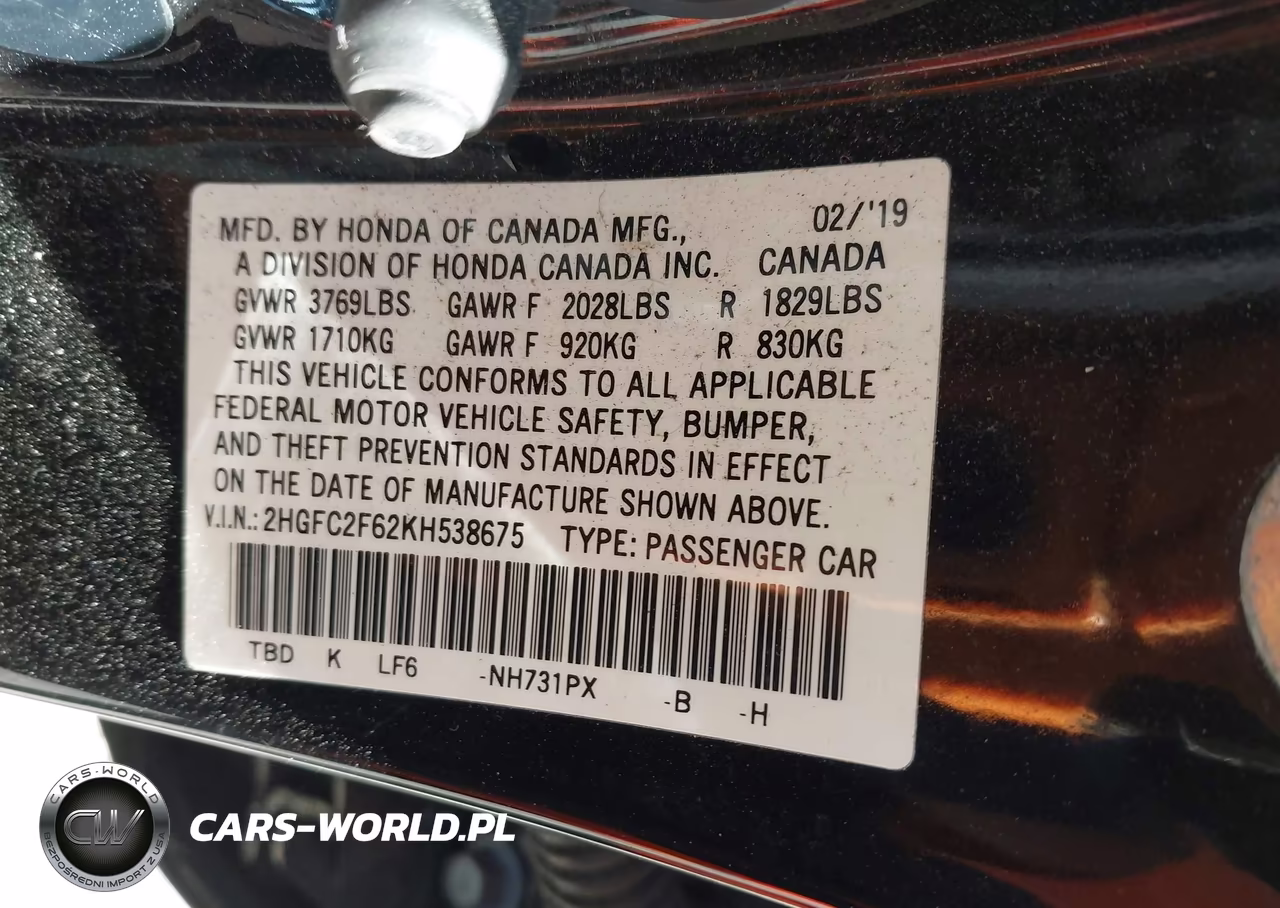 2019 Honda Civic Lx VIN:2HGFC2F62KH538675 - 9