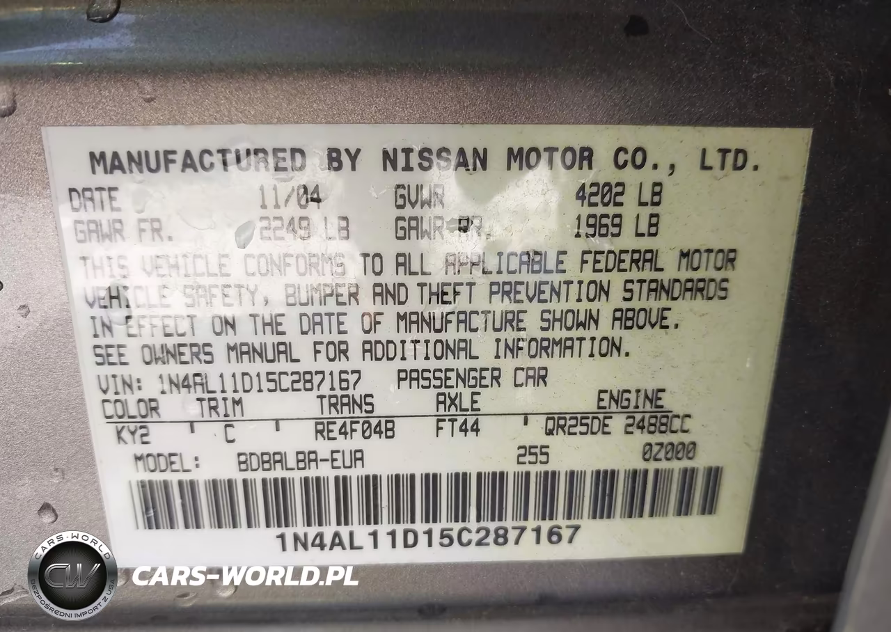 2005 Nissan Altima 2.5 S VIN:1N4AL11D15C287167 - 9