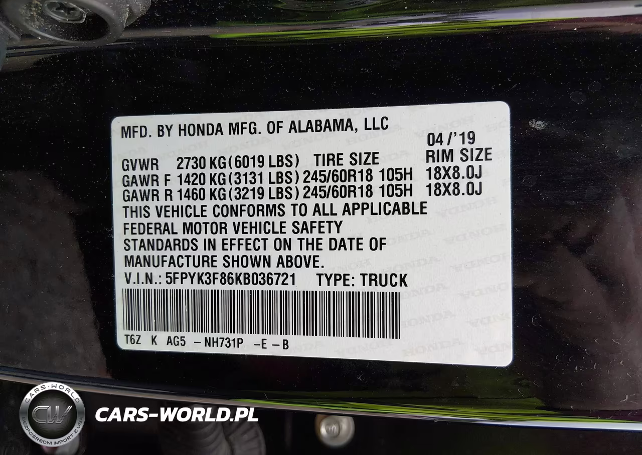 2019 Honda Ridgeline Black Edition VIN:5FPYK3F86KB036721 - 9