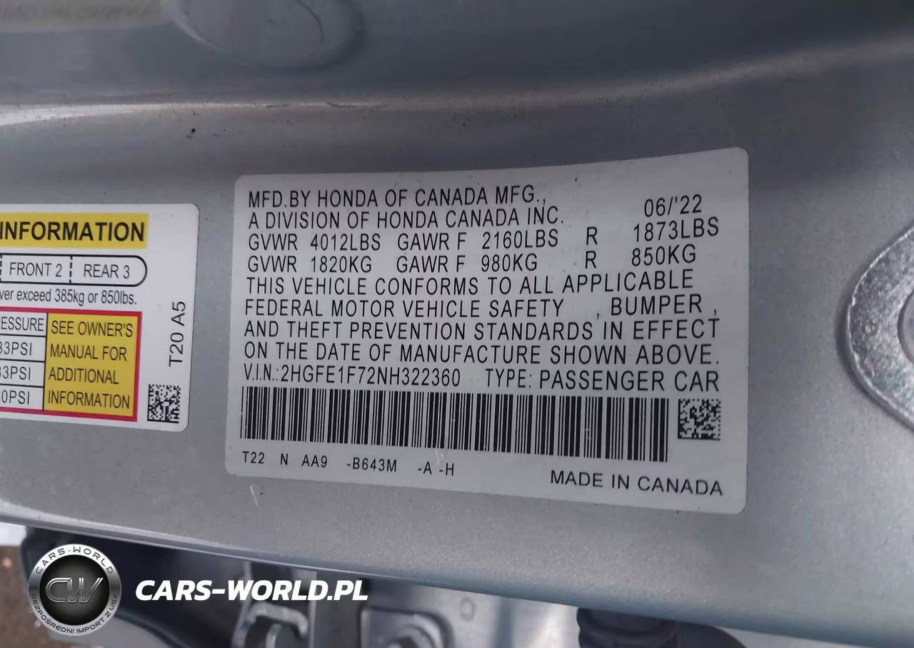2022 Honda Civic Ex VIN:2HGFE1F72NH322360 - 9