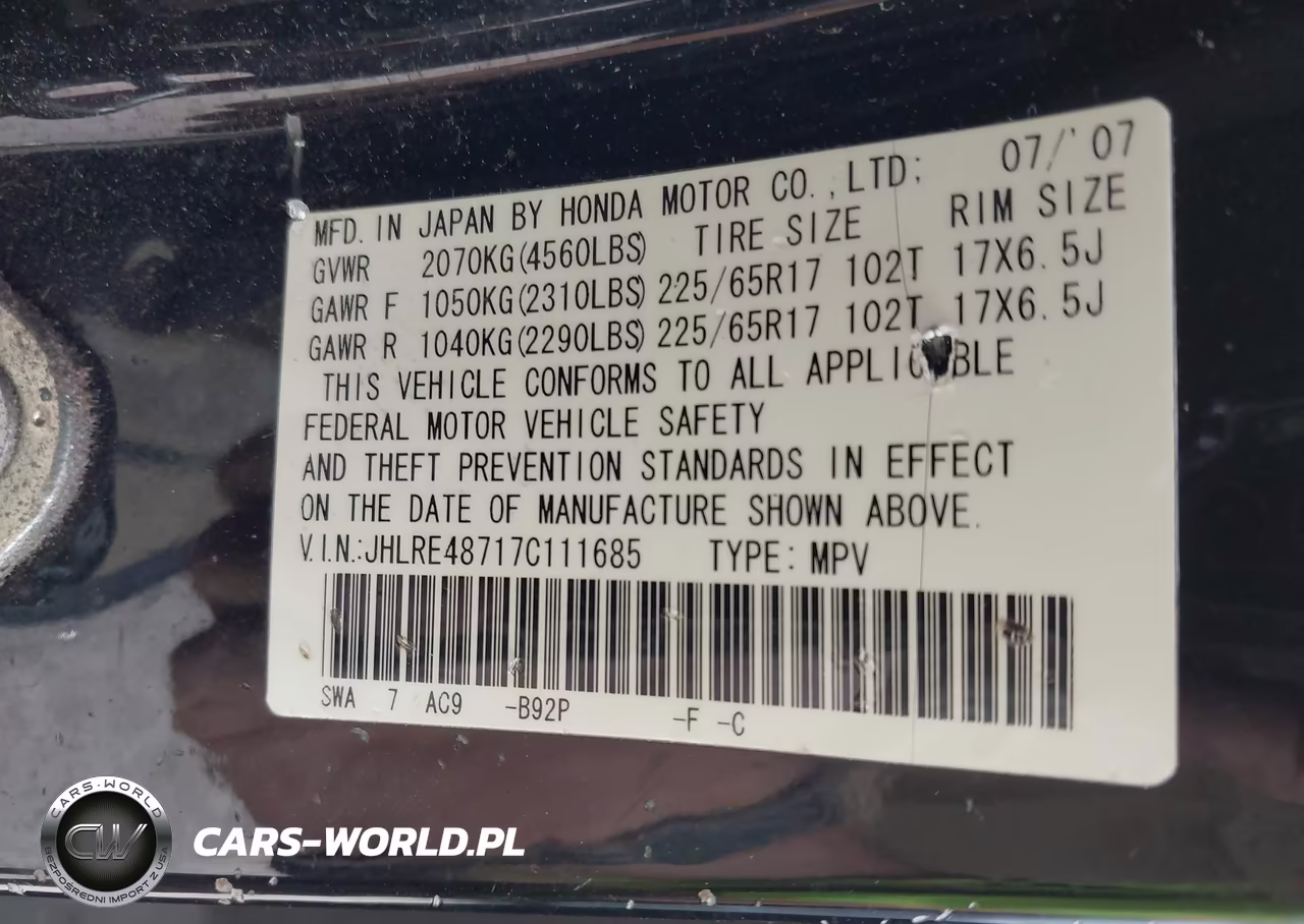 2007 Honda Cr-V Ex-L VIN:JHLRE48717C111685 - 9