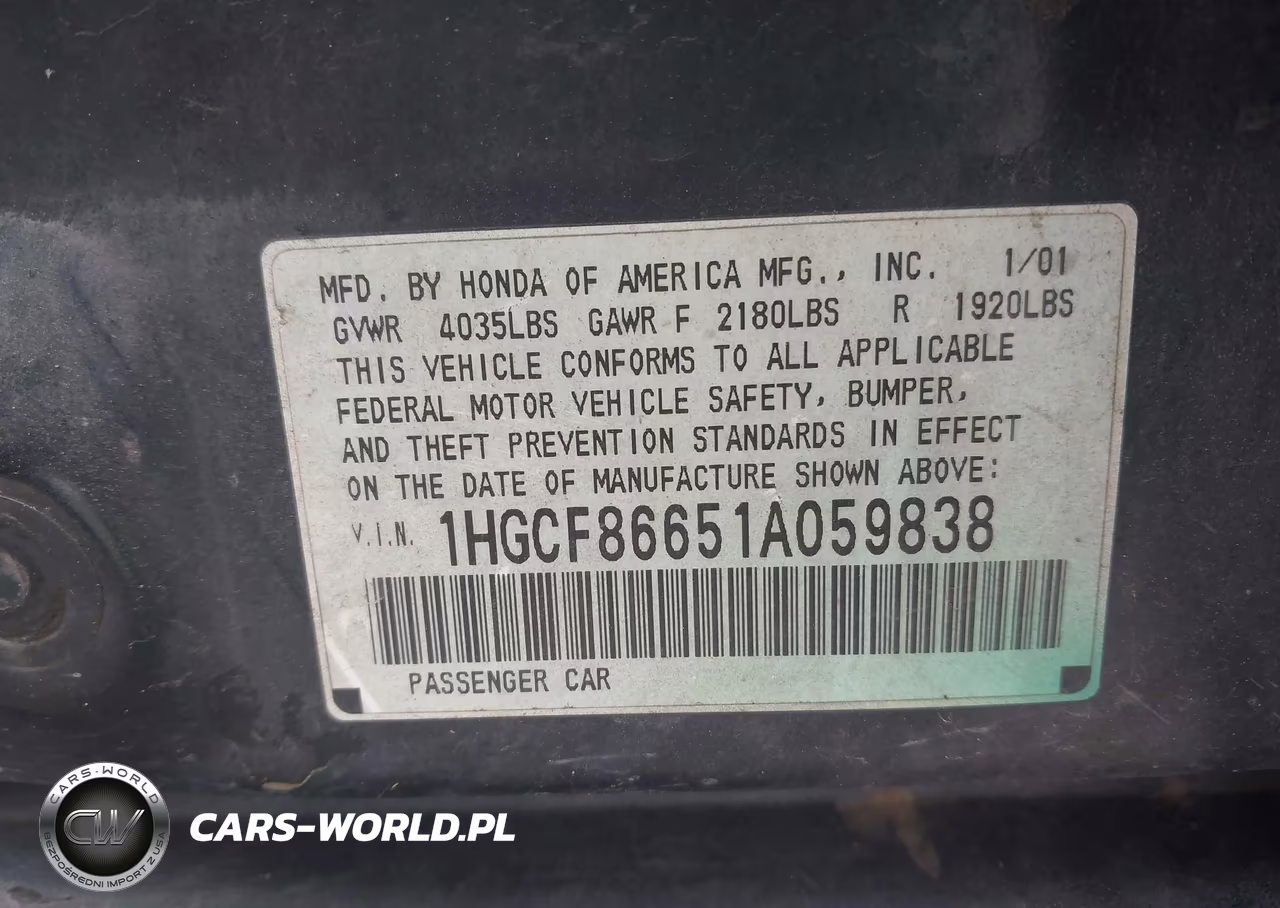 2001 Honda Accord Value Package VIN:1HGCF86651A059838 - 9
