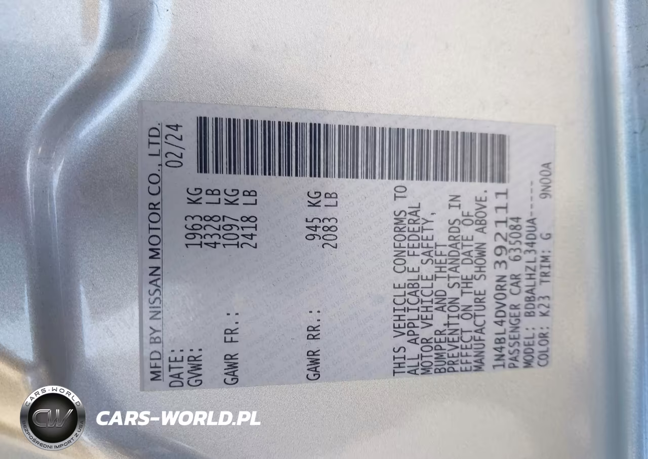 2024 Nissan Altima Sv Fwd VIN:1N4BL4DV0RN392111 - 9