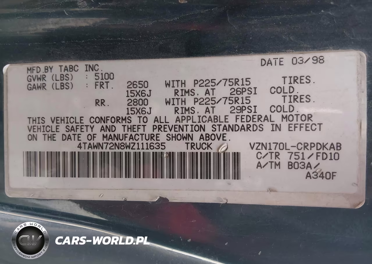 1998 Toyota Tacoma Base V6 VIN:4TAWN72N8WZ111635 - 9