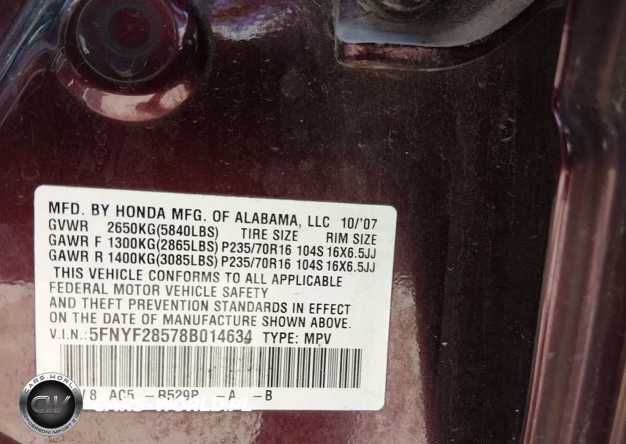 2008 Honda Pilot Ex-L VIN:5FNYF28578B014634 - 9