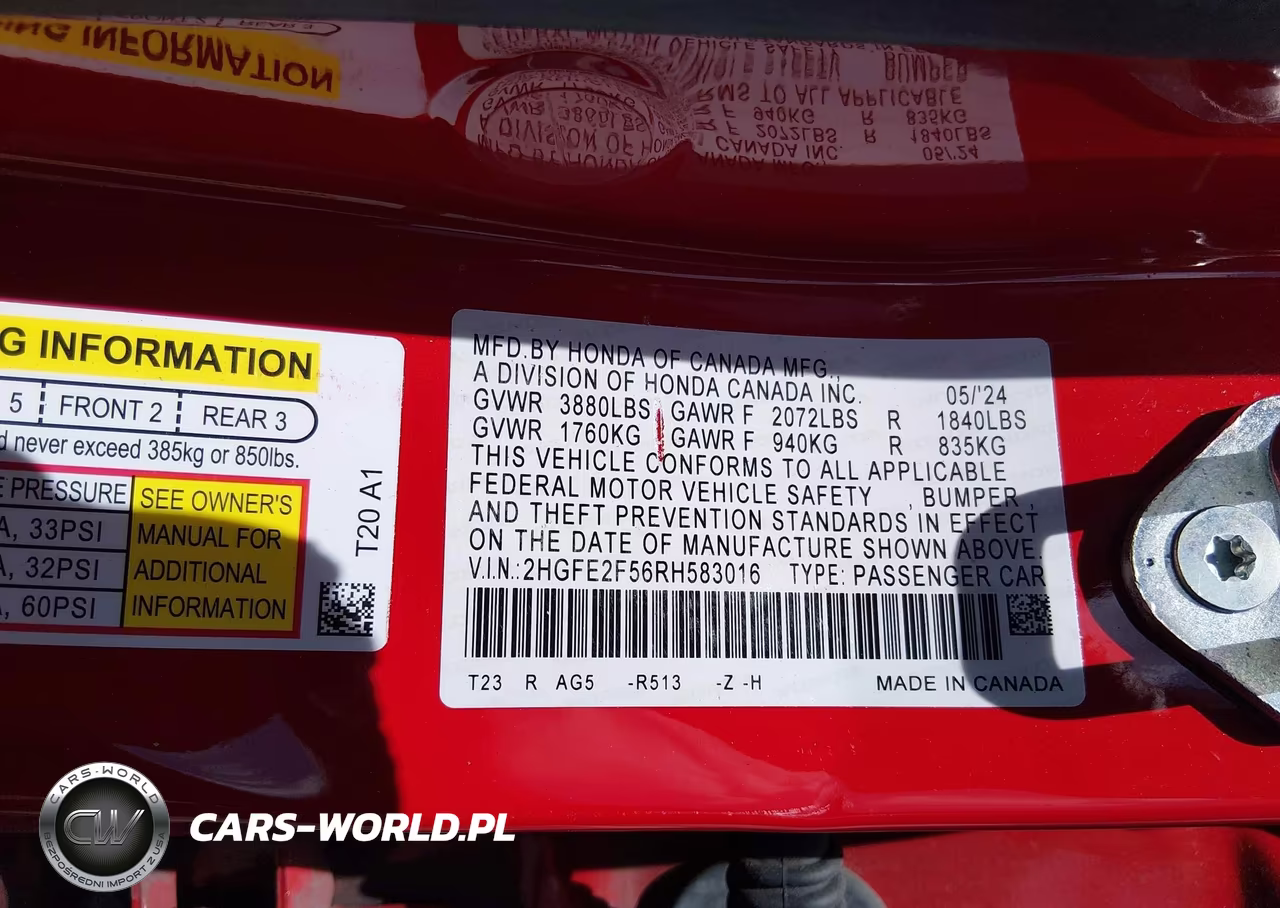 2024 Honda Civic Sport VIN:2HGFE2F56RH583016 - 9