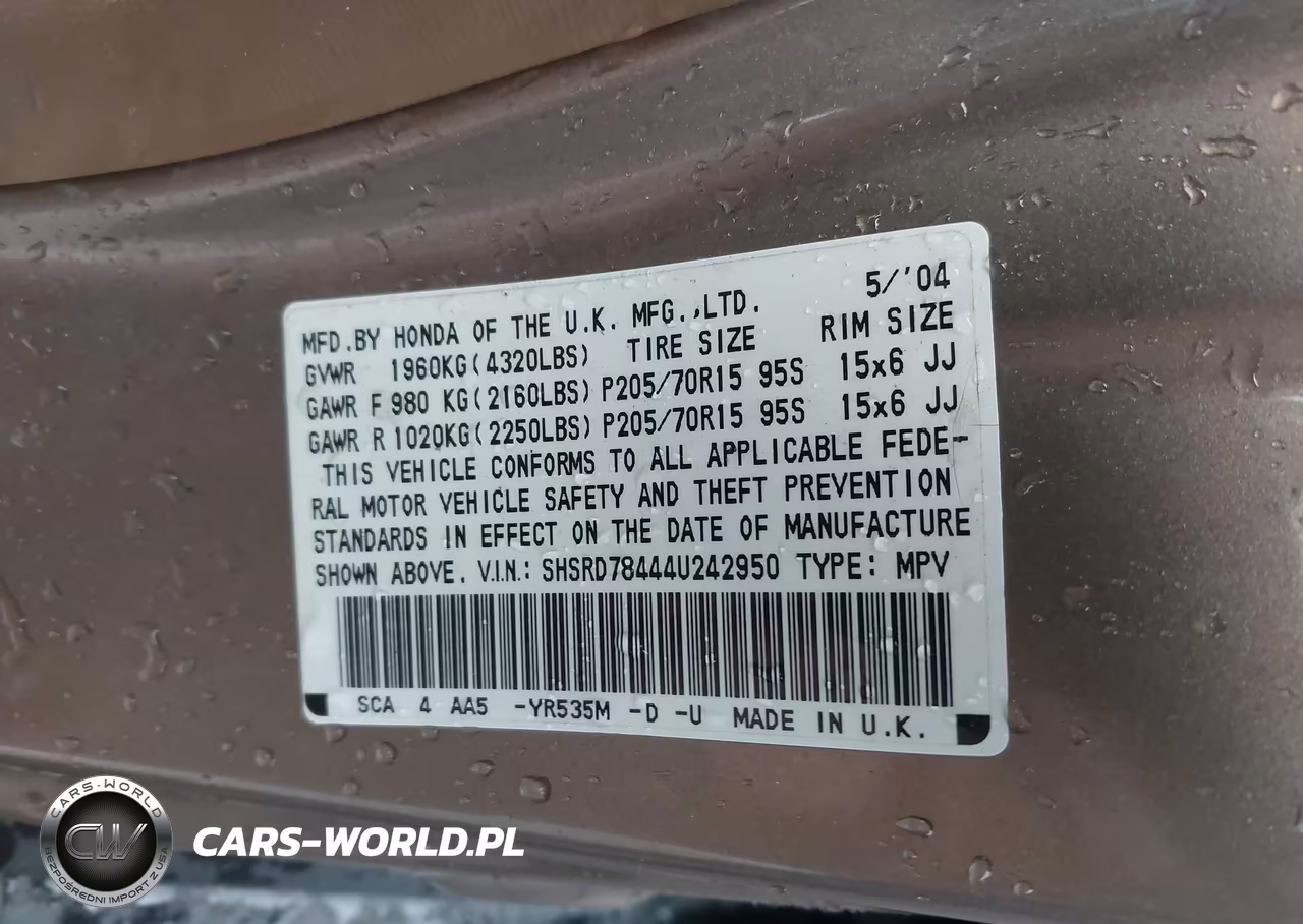 2004 Honda Cr-V Lx VIN:SHSRD78444U242950 - 9