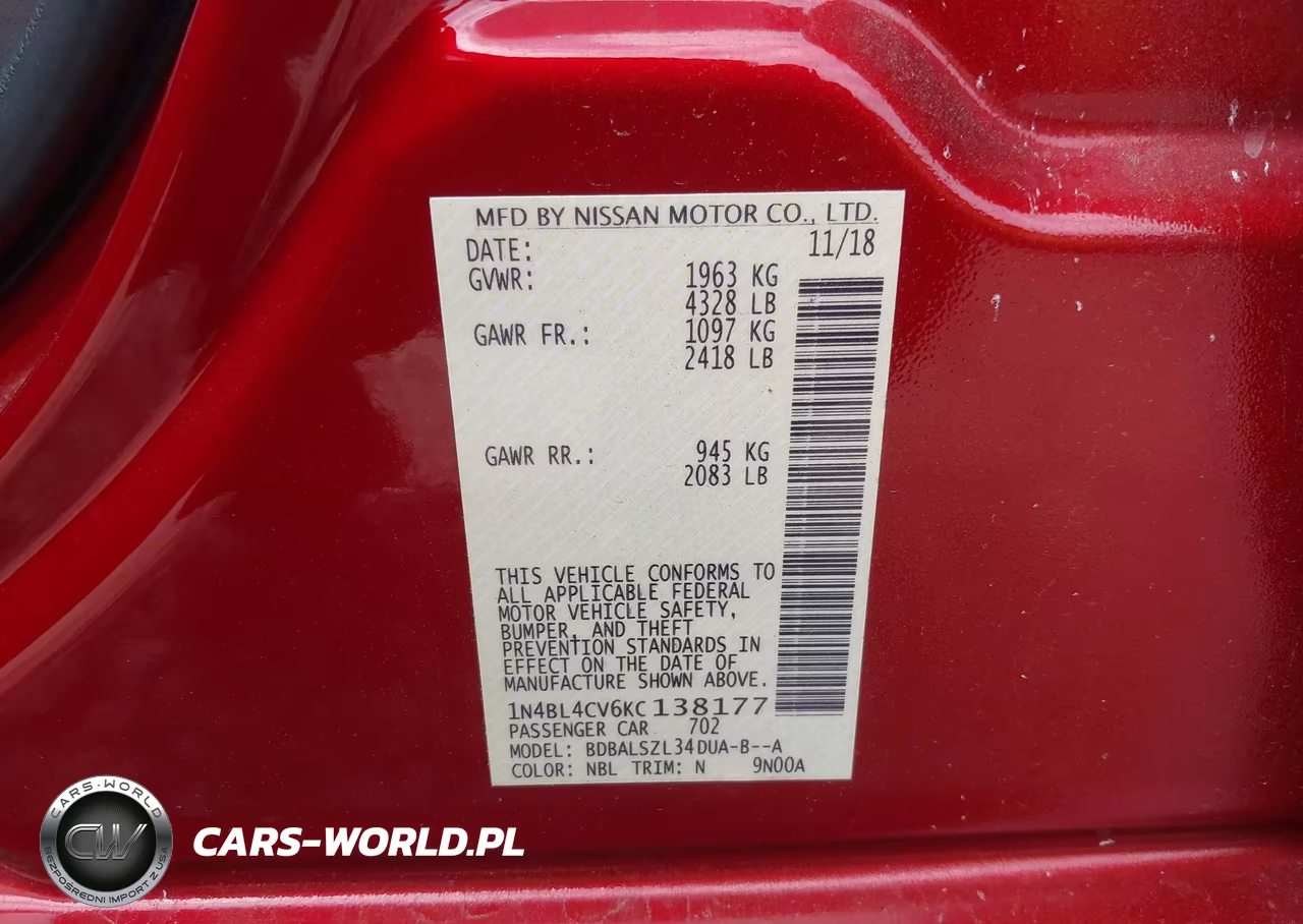2019 Nissan Altima 2.5 Sr VIN:1N4BL4CV6KC138177 - 9
