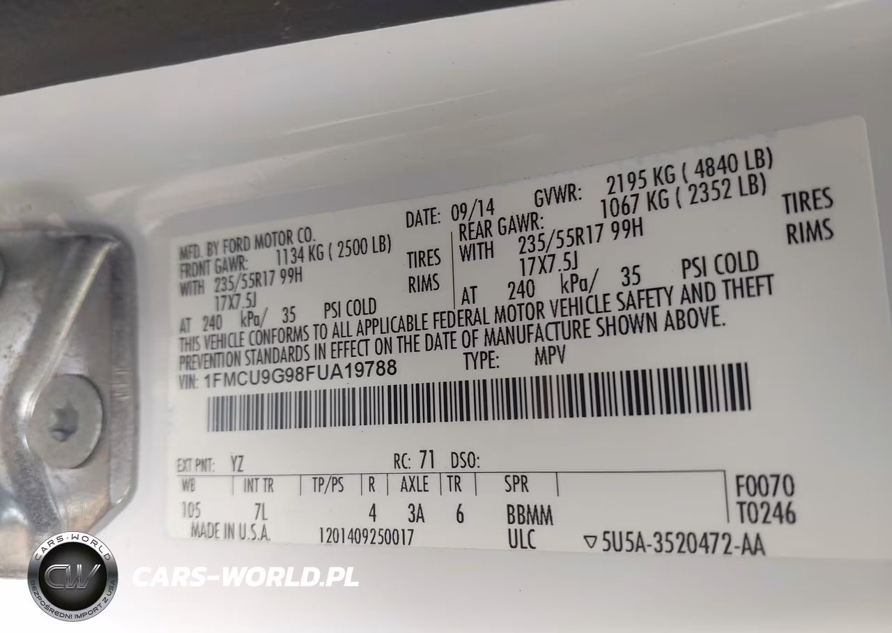 2015 Ford Escape Se VIN:1FMCU9G98FUA19788 - 9