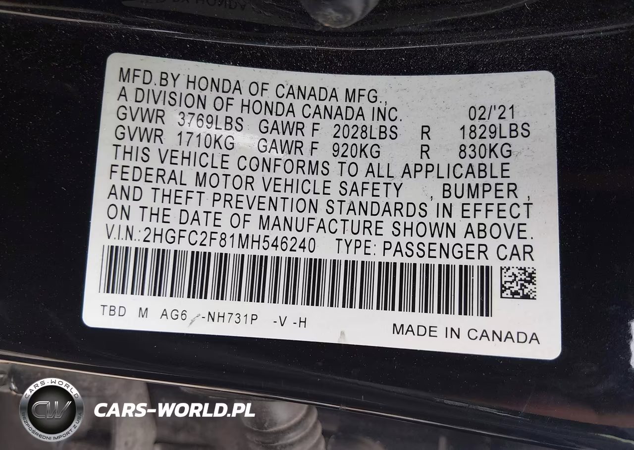 2021 Honda Civic Sport VIN:2HGFC2F81MH546240 - 9