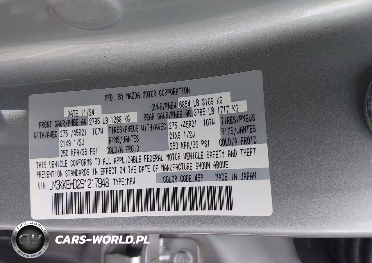 2025 Mazda Cx-90 3.3 Turbo Premium Plus Package VIN:JM3KKEHD2S1217948 - 9