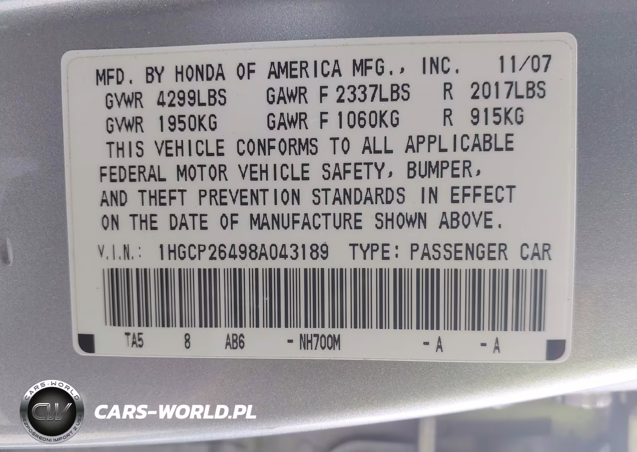 2008 Honda Accord 2.4 Lx-P VIN:1HGCP26498A043189 - 9