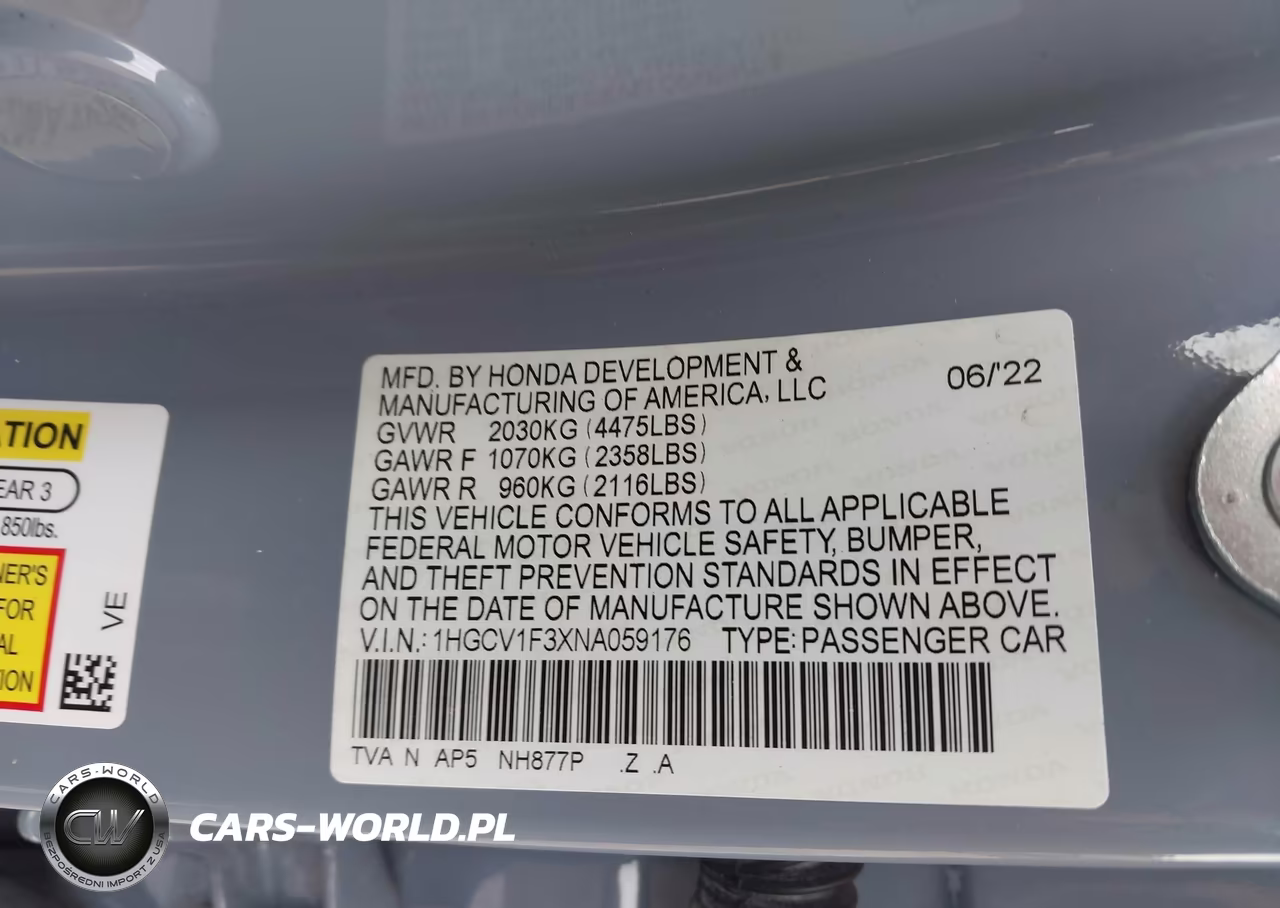 2022 Honda Accord Sport VIN:1HGCV1F3XNA059176 - 9