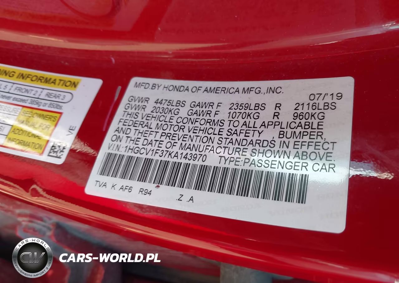 2019 Honda Accord Sport VIN:1HGCV1F37KA143970 - 9