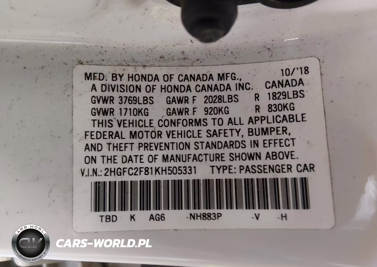 2019 Honda Civic Sport VIN:2HGFC2F81KH505331 - 9
