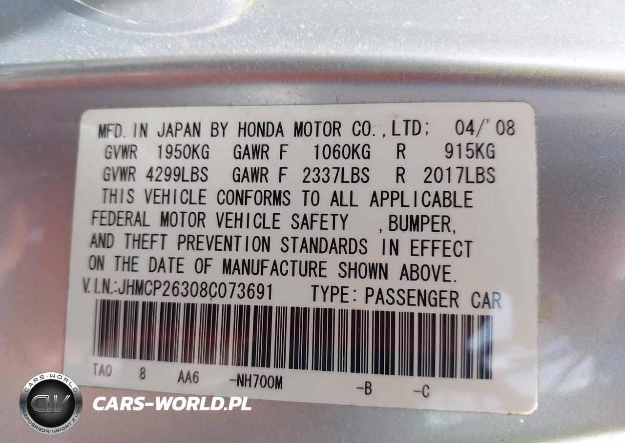 2008 Honda Accord 2.4 Lx VIN:JHMCP26308C073691 - 9