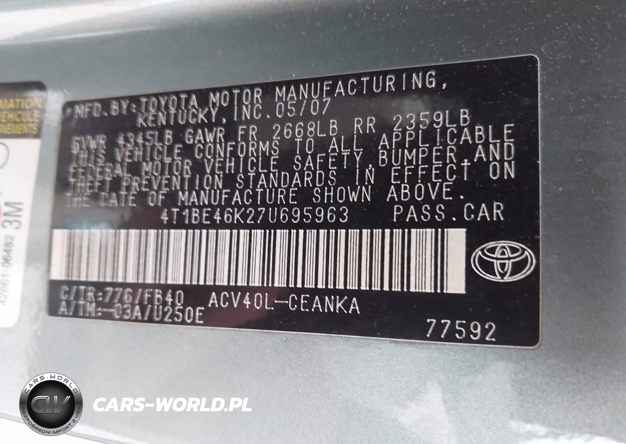 2007 Toyota Camry Le VIN:4T1BE46K27U695963 - 9