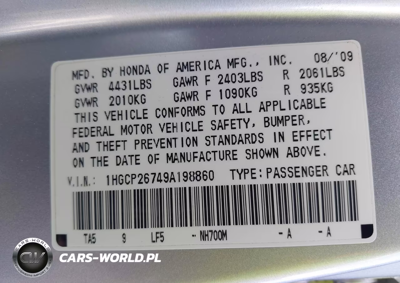 2009 Honda Accord 2.4 Ex VIN:1HGCP26749A198860 - 9