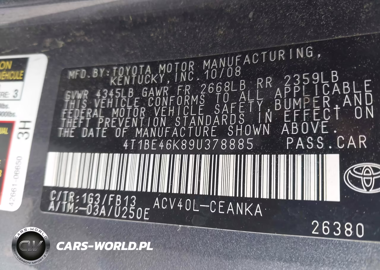 2009 Toyota Camry Le VIN:4T1BE46K89U378885 - 9