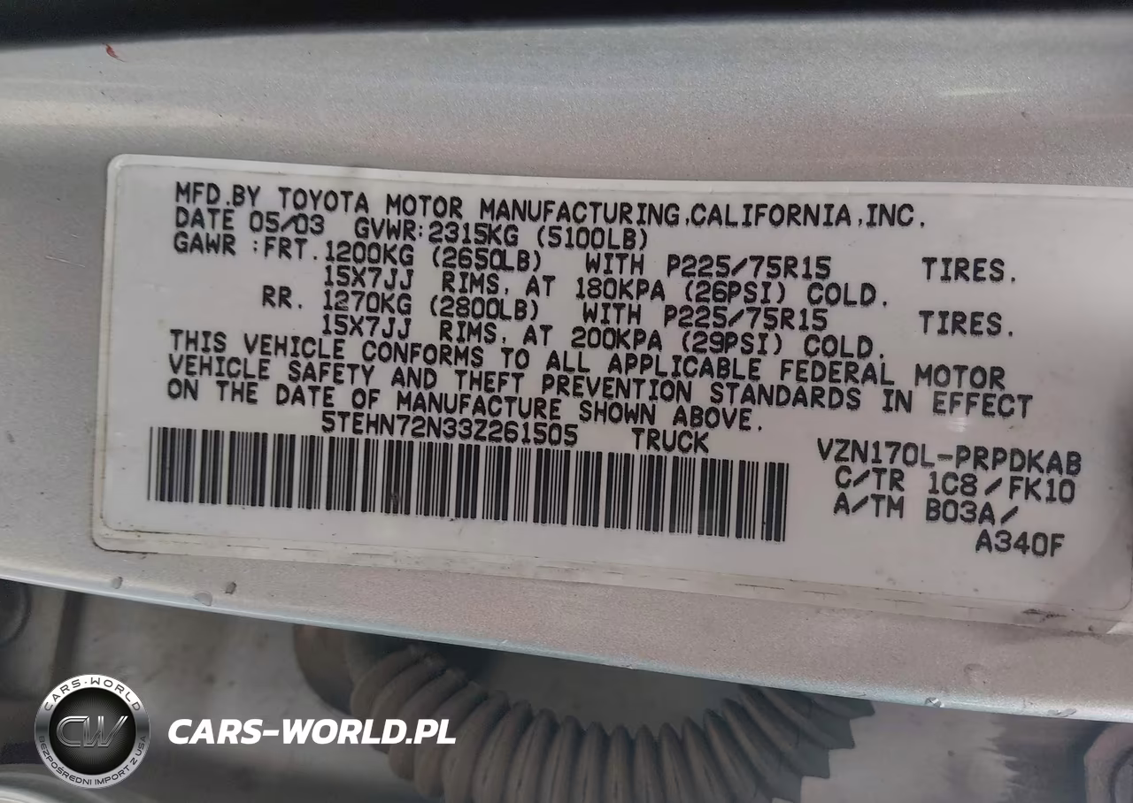 2003 Toyota Tacoma Base V6 VIN:5TEHN72N33Z261505 - 9