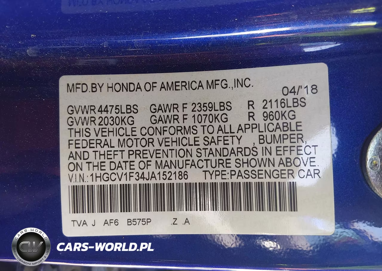 2018 Honda Accord Sport VIN:1HGCV1F34JA152186 - 9