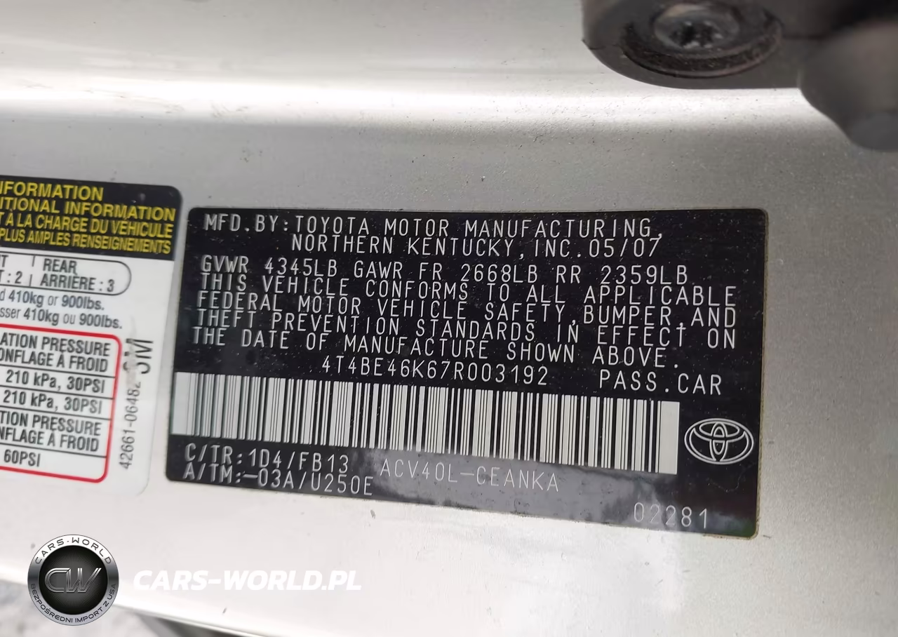 2007 Toyota Camry Le VIN:4T4BE46K67R003192 - 9