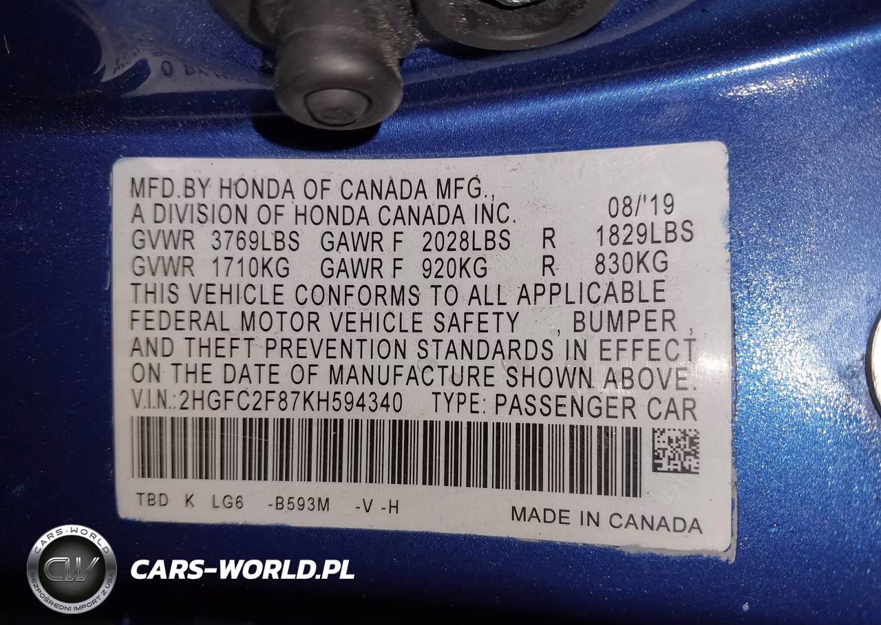 2019 Honda Civic Sport VIN:2HGFC2F87KH594340 - 9