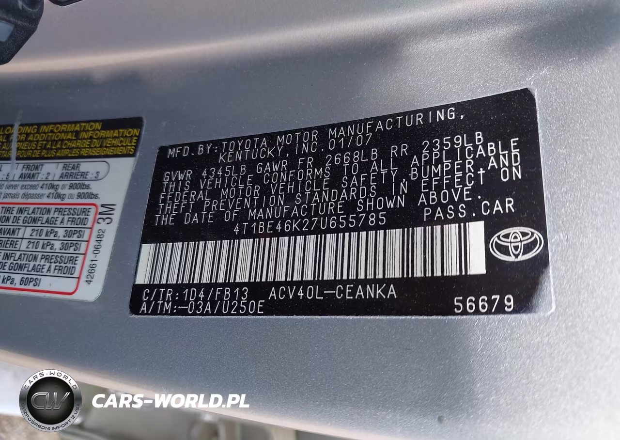 2007 Toyota Camry Le VIN:4T1BE46K27U655785 - 9