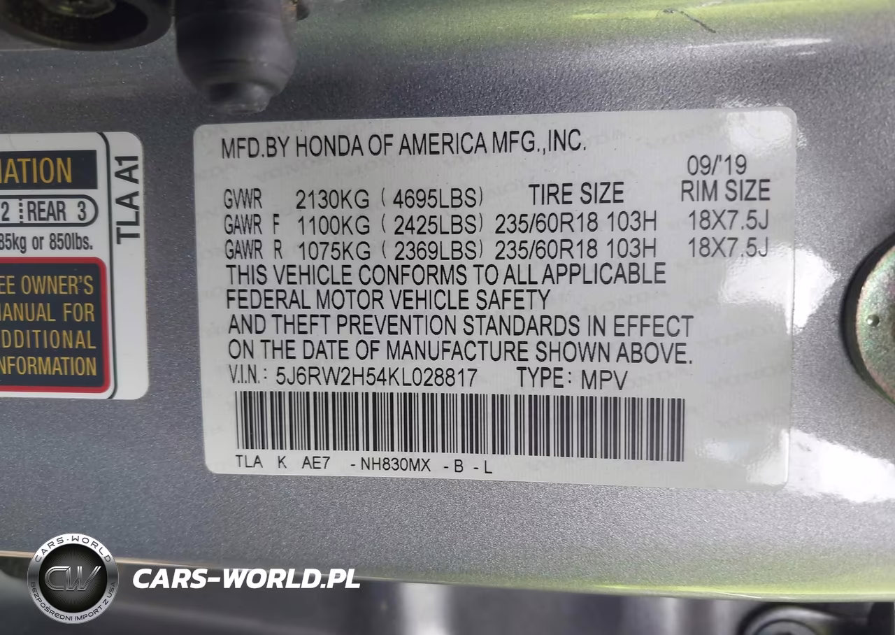 2019 Honda Cr-V Ex VIN:5J6RW2H54KL028817 - 9