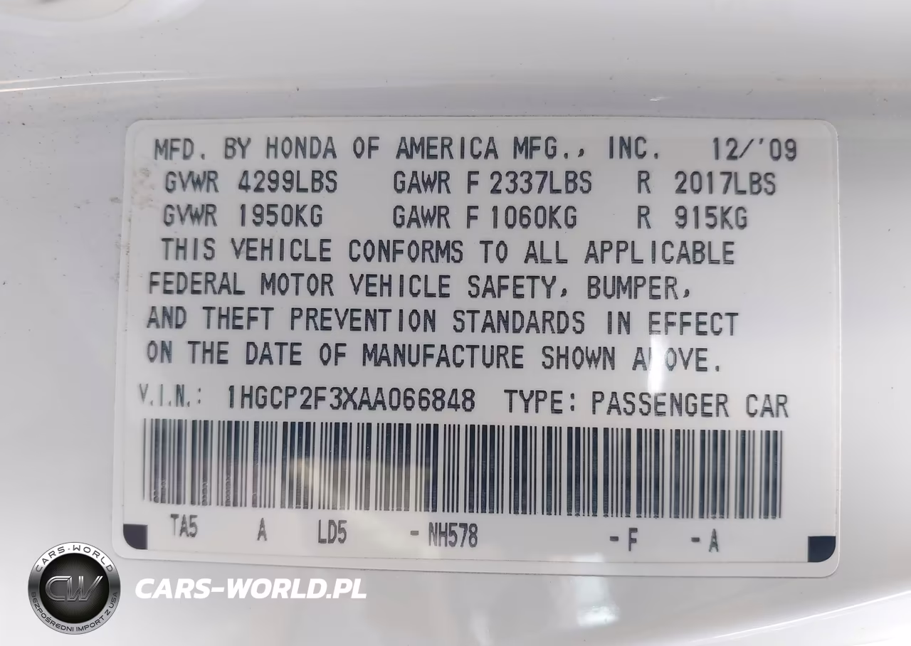 2010 Honda Accord 2.4 Lx VIN:1HGCP2F3XAA066848 - 9