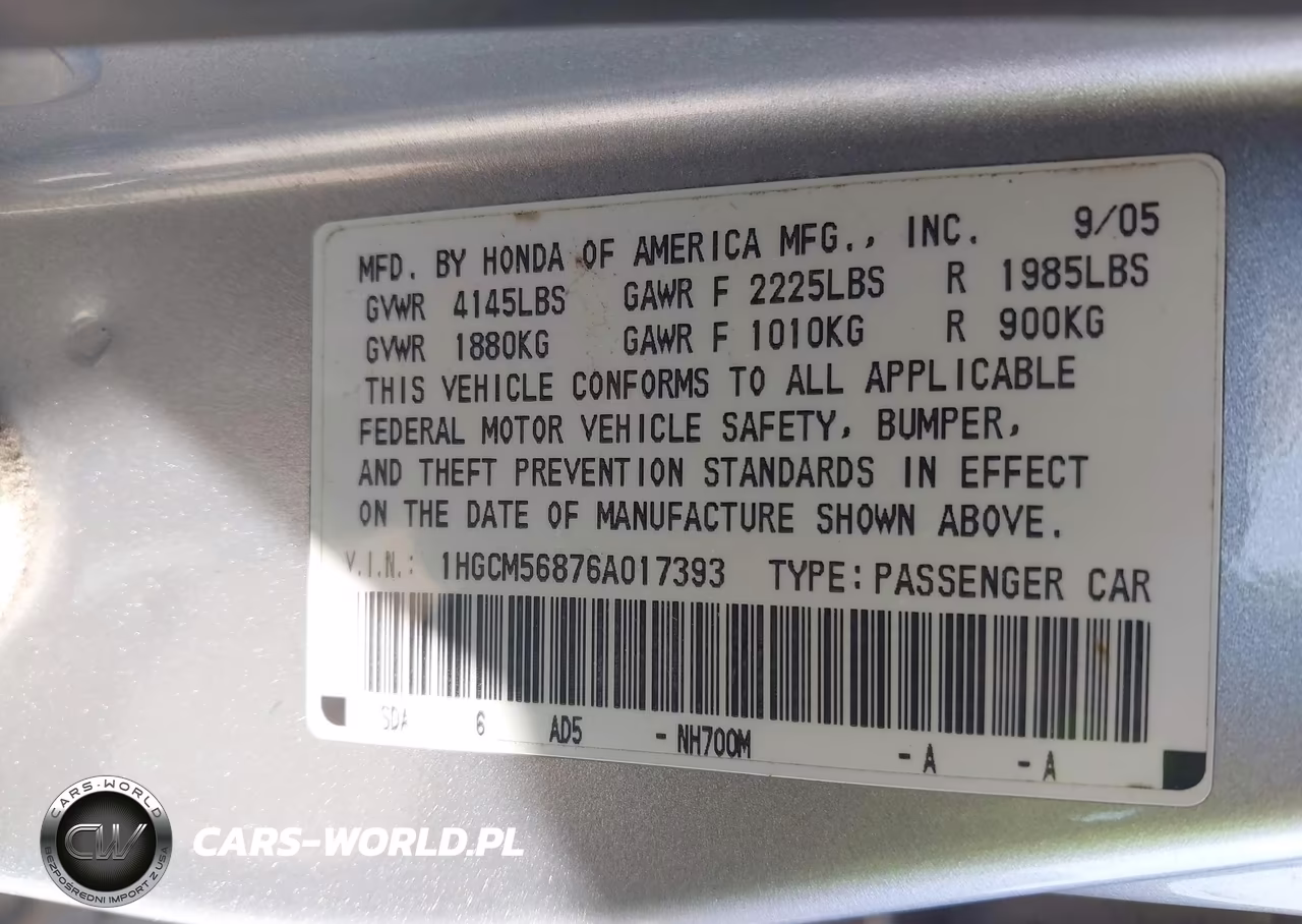 2006 Honda Accord 2.4 Ex VIN:1HGCM56876A017393 - 9