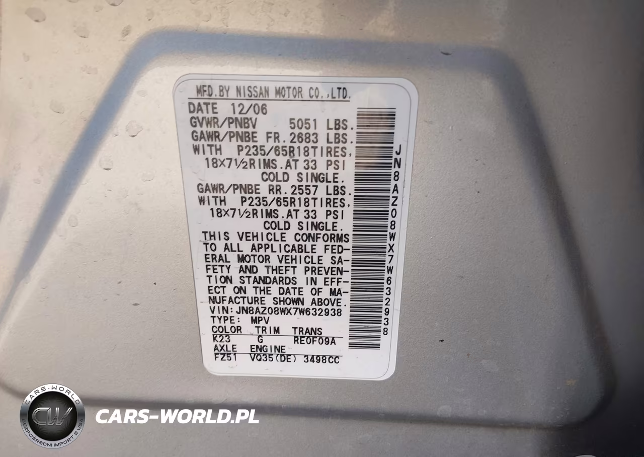 2007 Nissan Murano S VIN:JN8AZ08WX7W632938 - 9