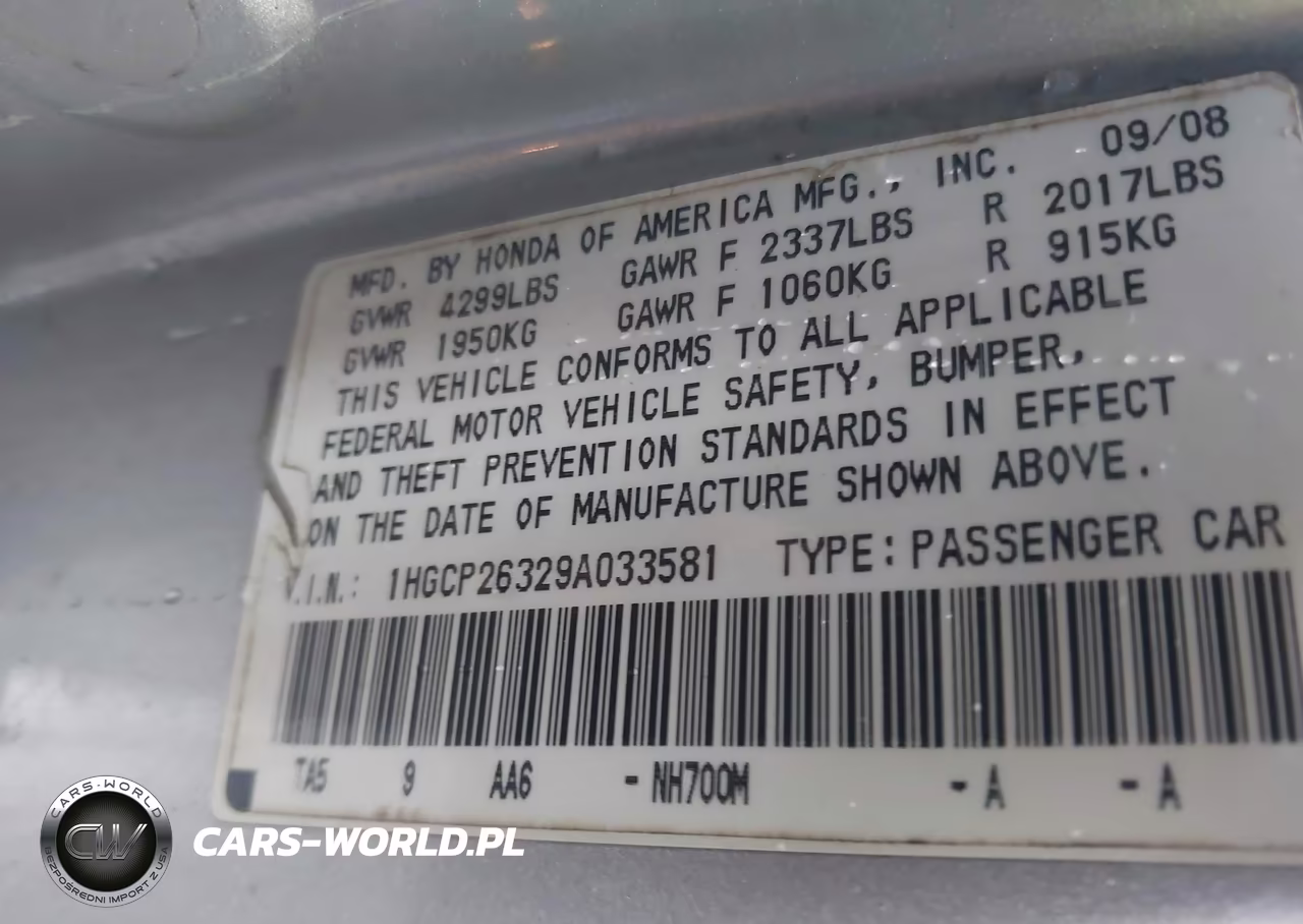 2009 Honda Accord 2.4 Lx VIN:1HGCP26329A033581 - 9