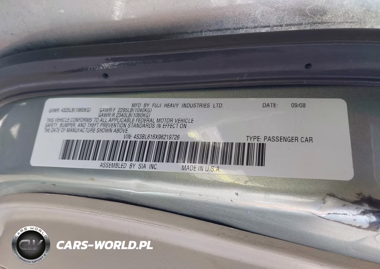 2009 Subaru Legacy 2.5I VIN:4S3BL616X96219726 - 9