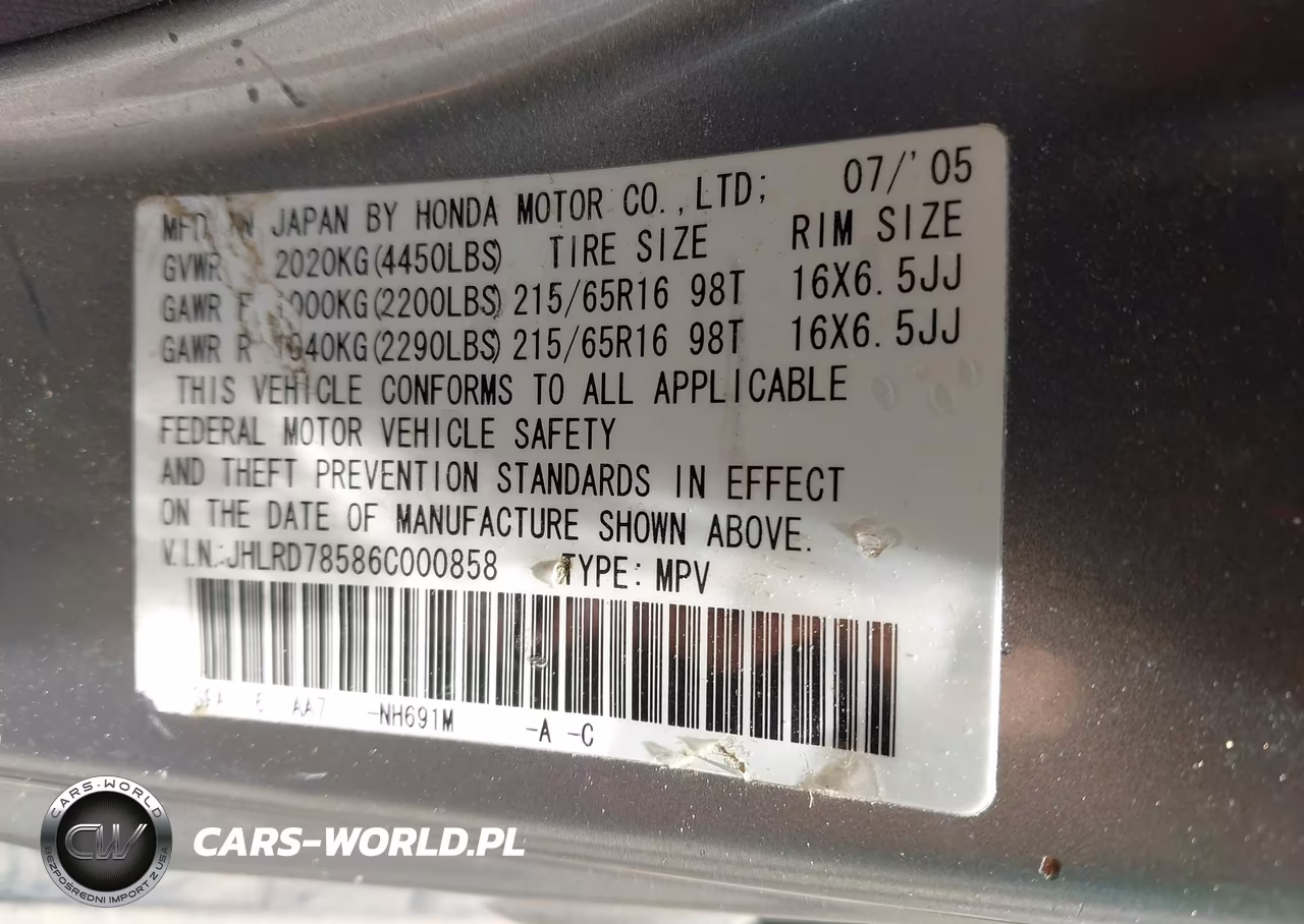 2006 Honda Cr-V Lx VIN:JHLRD78586C000858 - 9