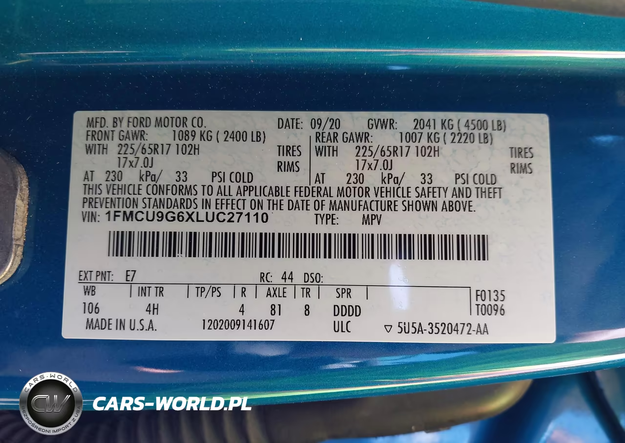 2020 Ford Escape Se VIN:1FMCU9G6XLUC27110 - 9