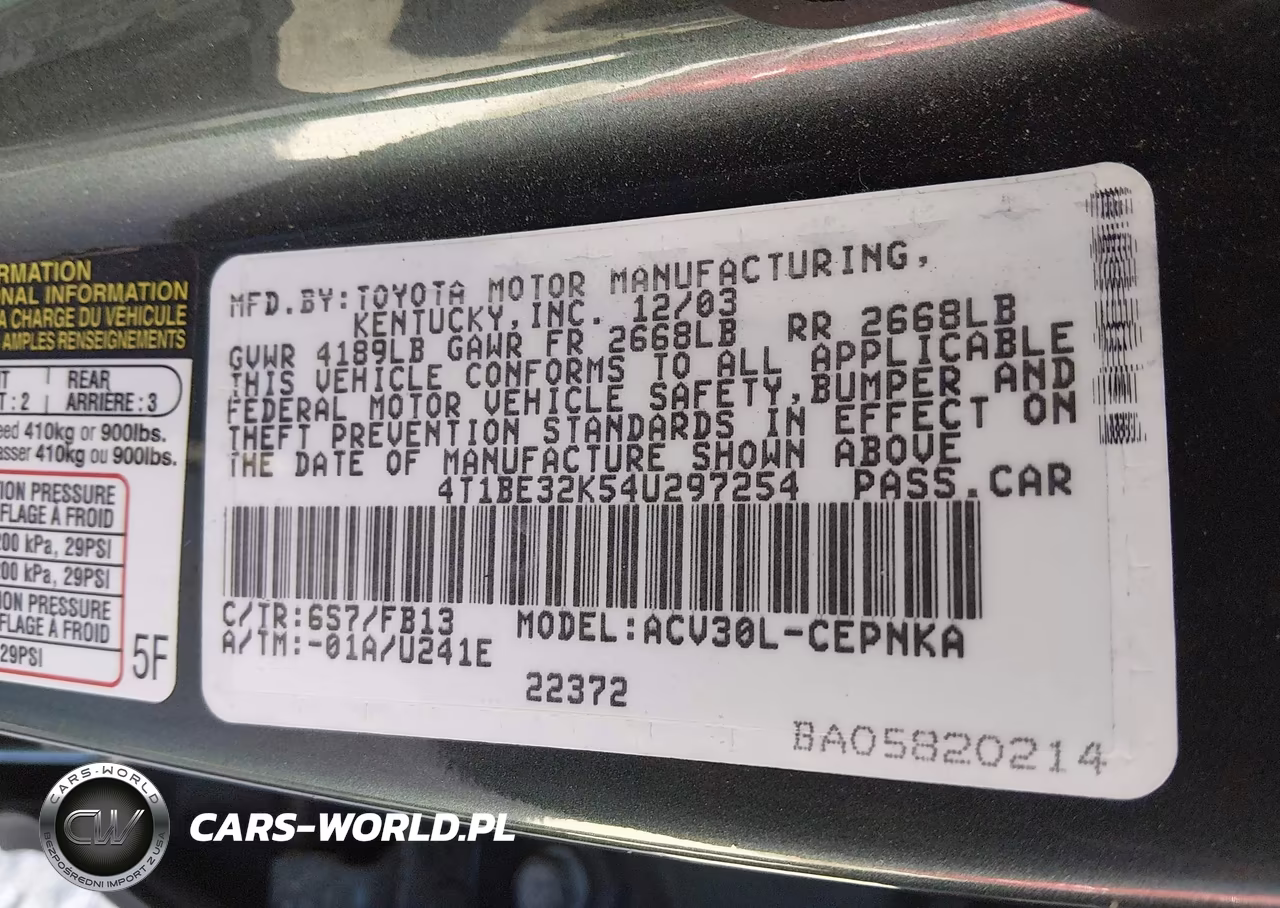2004 Toyota Camry Le VIN:4T1BE32K54U297254 - 9