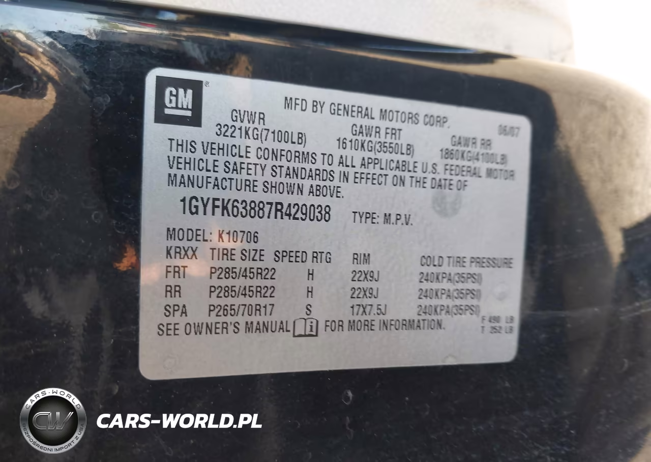 2007 Cadillac Escalade Standard VIN:1GYFK63887R429038 - 9