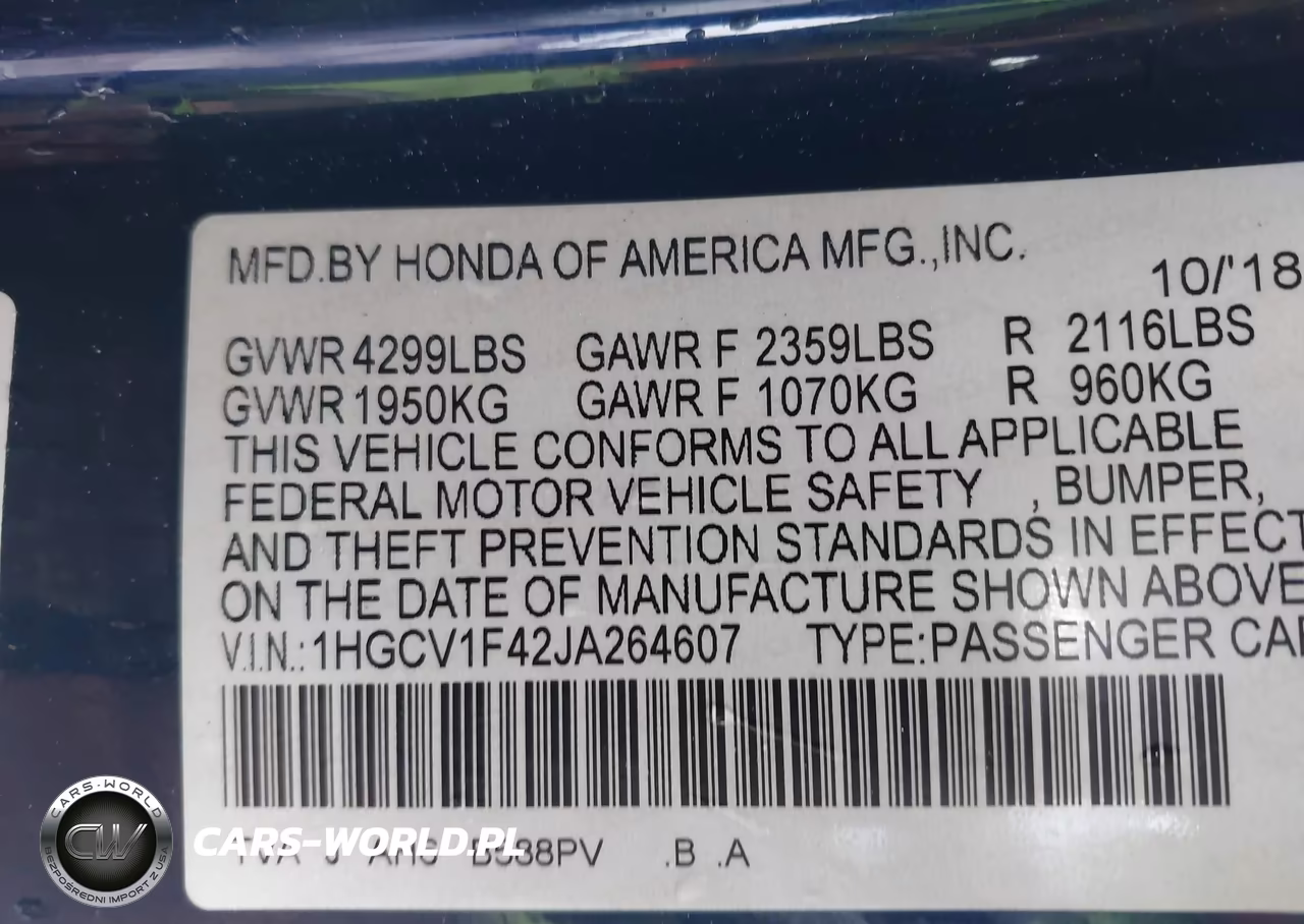 2018 Honda Accord Ex VIN:1HGCV1F42JA264607 - 9
