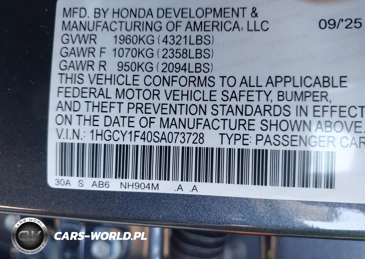 2025 Honda Accord Se VIN:1HGCY1F40SA073728 - 9