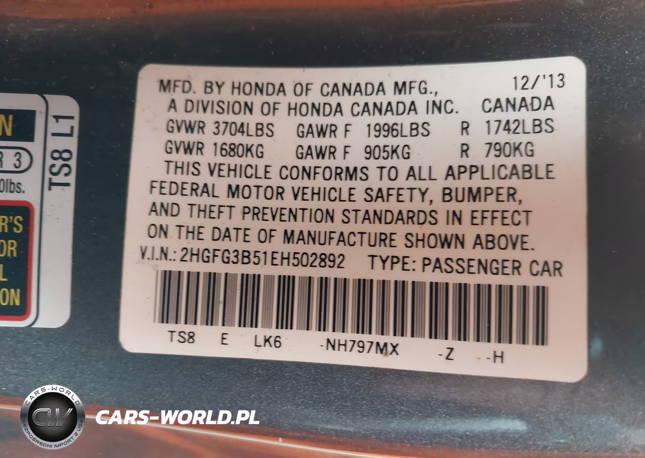 2014 Honda Civic Lx VIN:2HGFG3B51EH502892 - 9