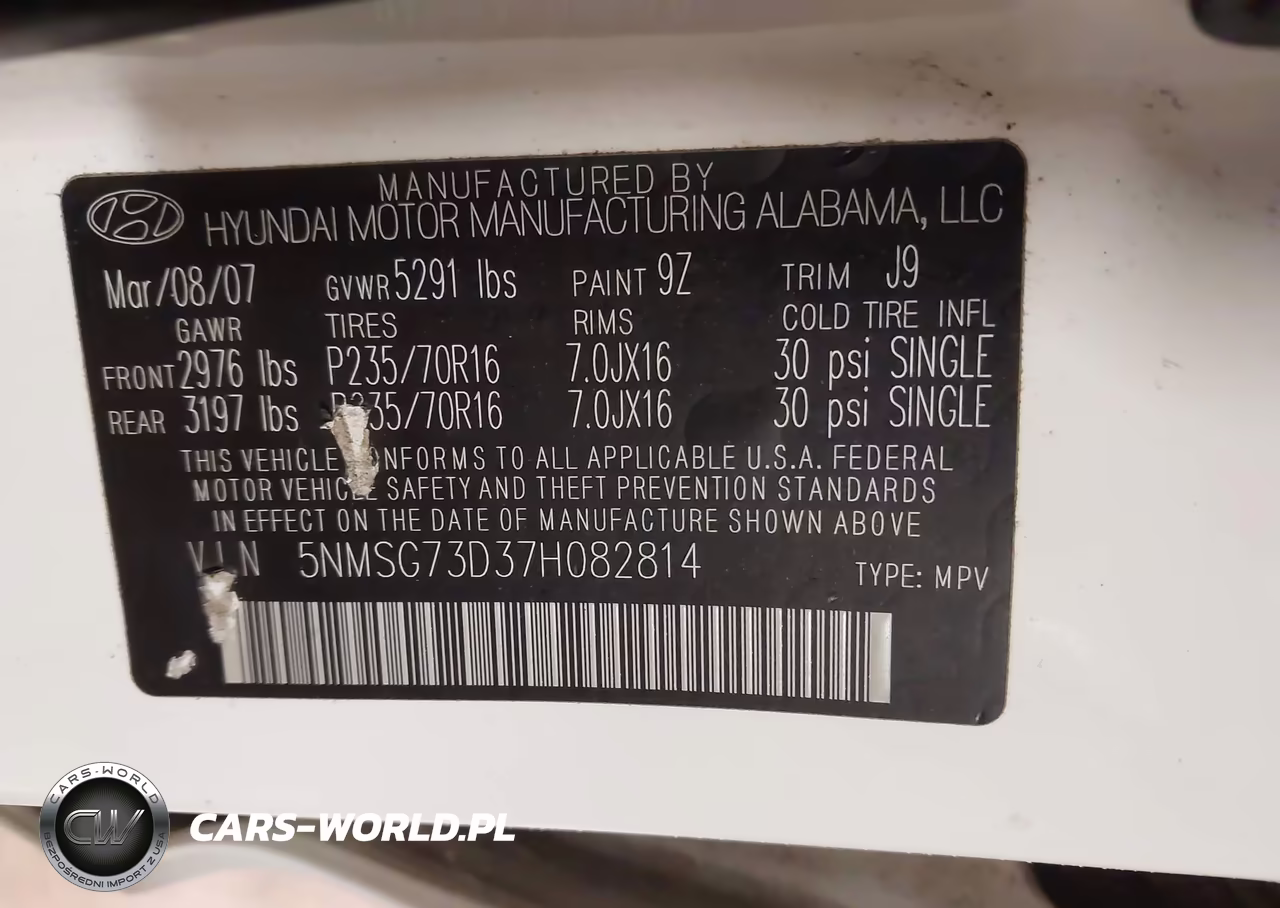 2007 Hyundai Santa Fe Gls VIN:5NMSG73D37H082814 - 9