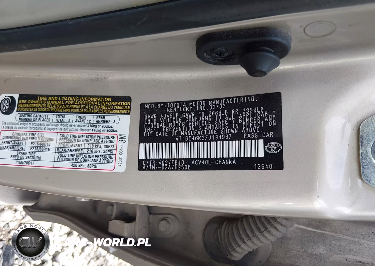 2007 Toyota Camry Le VIN:4T1BE46K27U131987 - 9