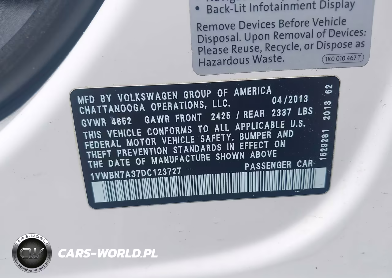 2013 Volkswagen Passat 2.0L Tdi Se VIN:1VWBN7A37DC123727 - 9