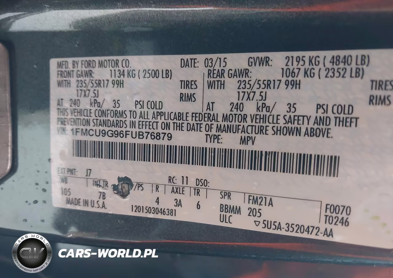 2015 Ford Escape Se VIN:1FMCU9G96FUB76879 - 9