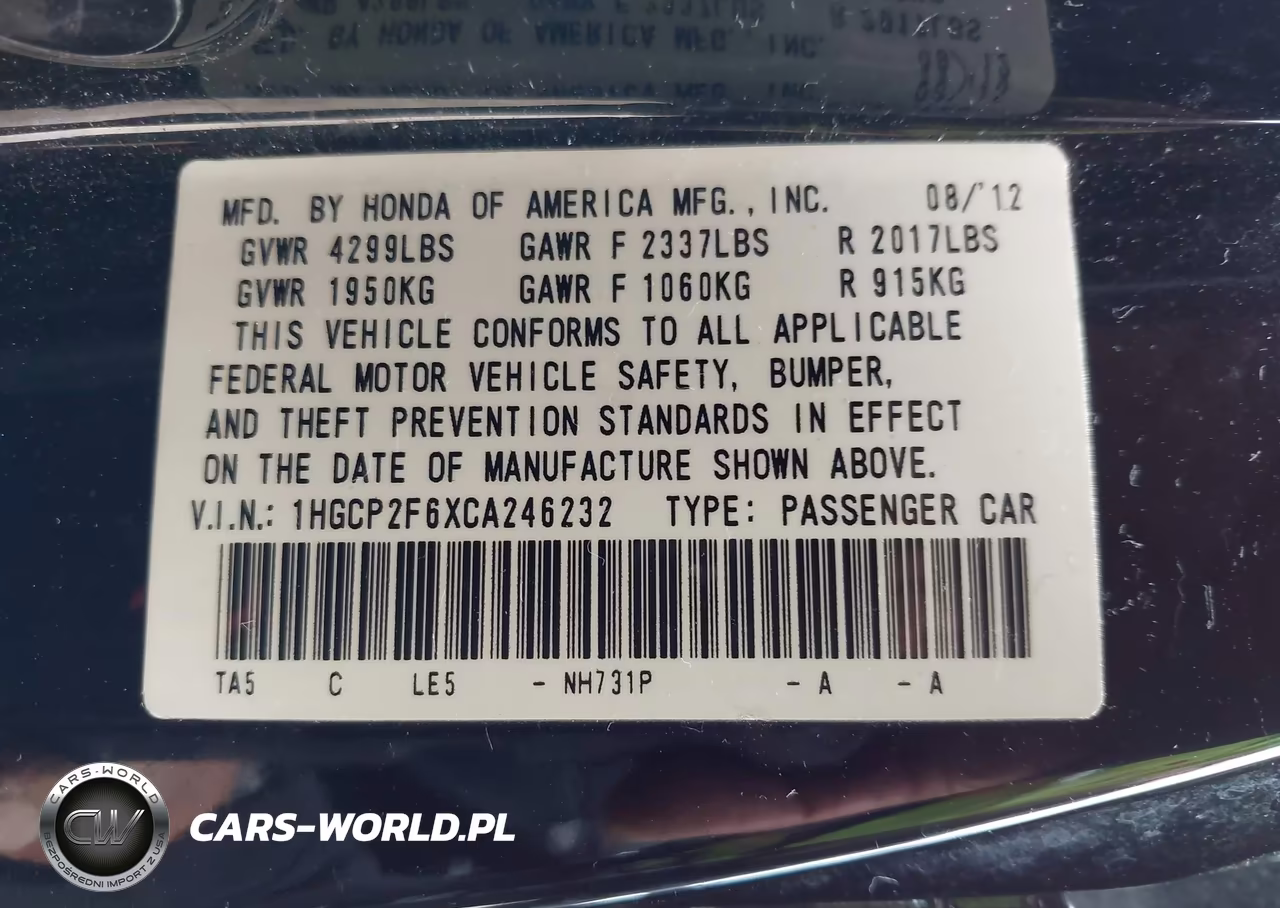 2012 Honda Accord 2.4 Se VIN:1HGCP2F6XCA246232 - 9